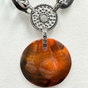 Vintage Chico's Orange Silver-Tone Lobster Coin Pendant Statement Necklace Retro